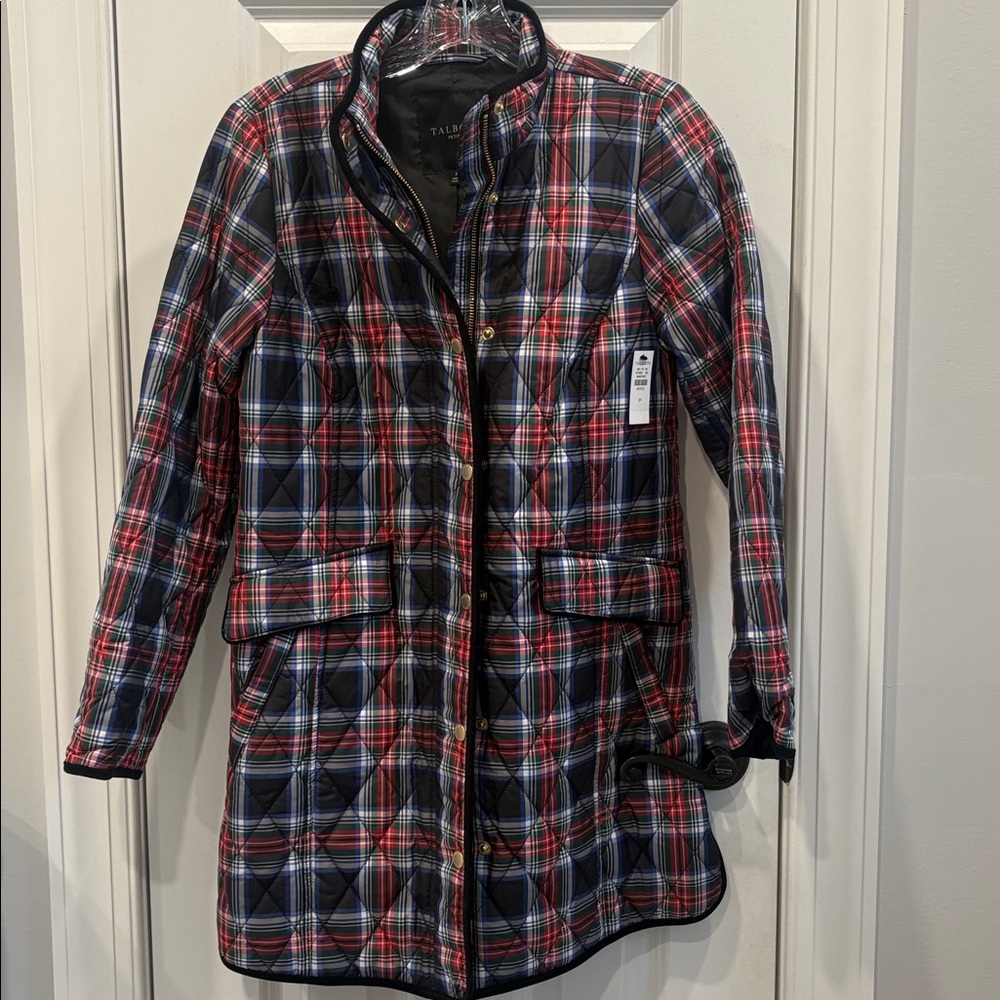 NWT Talbots Red Blue Green White Plaid Puffer Quilted Jacket Coat Petite P XSP